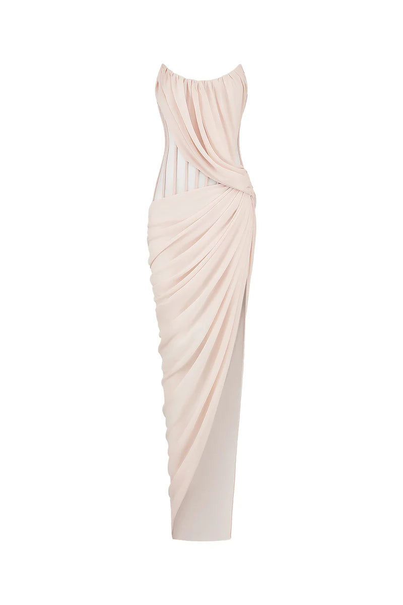 CEM Cream Corset Strapless Chiffon Gown | Cult Mia CEM Cream Corset Strapless Chiffon Gown | Cult Mia