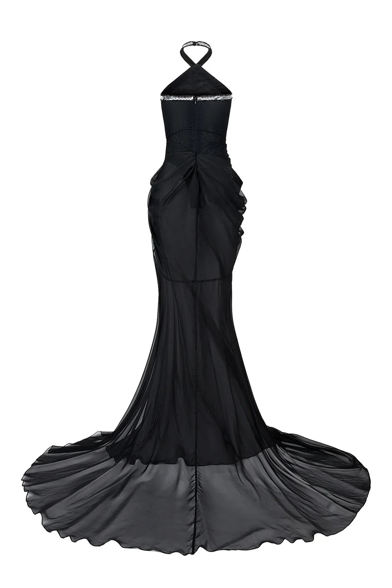 BLACK HALTER NECK CHIFFON GOWN - CULT MIA