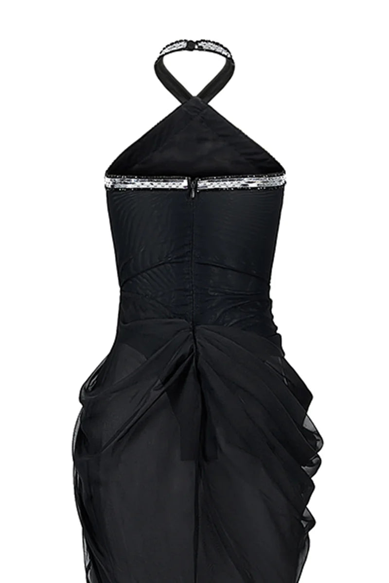 BLACK HALTER NECK CHIFFON GOWN - CULT MIA