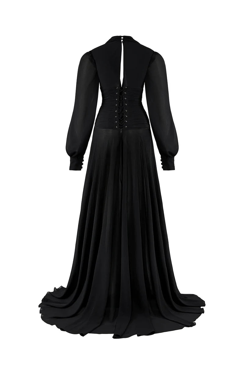 PUFFED SLEEVES CORSET CHIFFON MAXI BLACK GOWN - CULT MIA