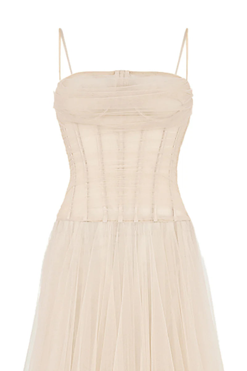 NUDE SHEER CORSET STRAP MESH FLOOR LENGTH GOWN - CULT MIA