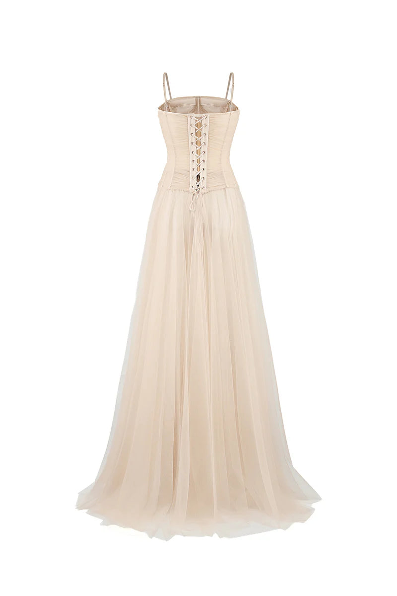 NUDE SHEER CORSET STRAP MESH FLOOR LENGTH GOWN - CULT MIA