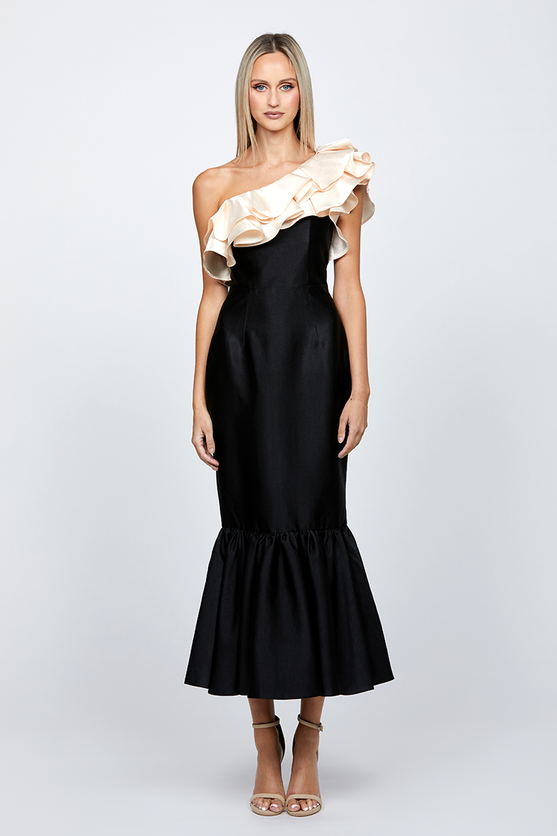 RYLAI ONE SHOULDER FISHTAIL MIDAXI IN BLACK/NUDE - CULT MIA