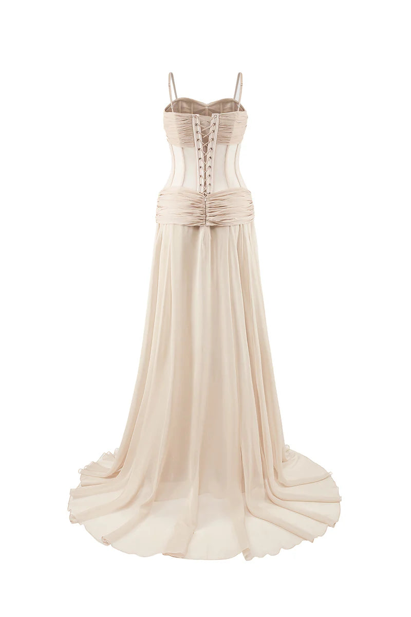 NUDE CORSET CHIFFON EXTRA LONG GOWN - CULT MIA