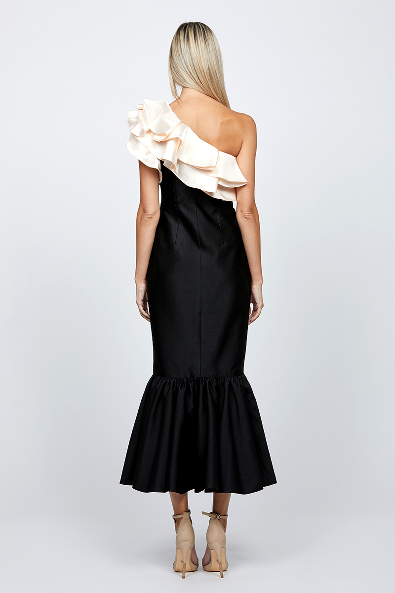 RYLAI ONE SHOULDER FISHTAIL MIDAXI IN BLACK/NUDE - CULT MIA