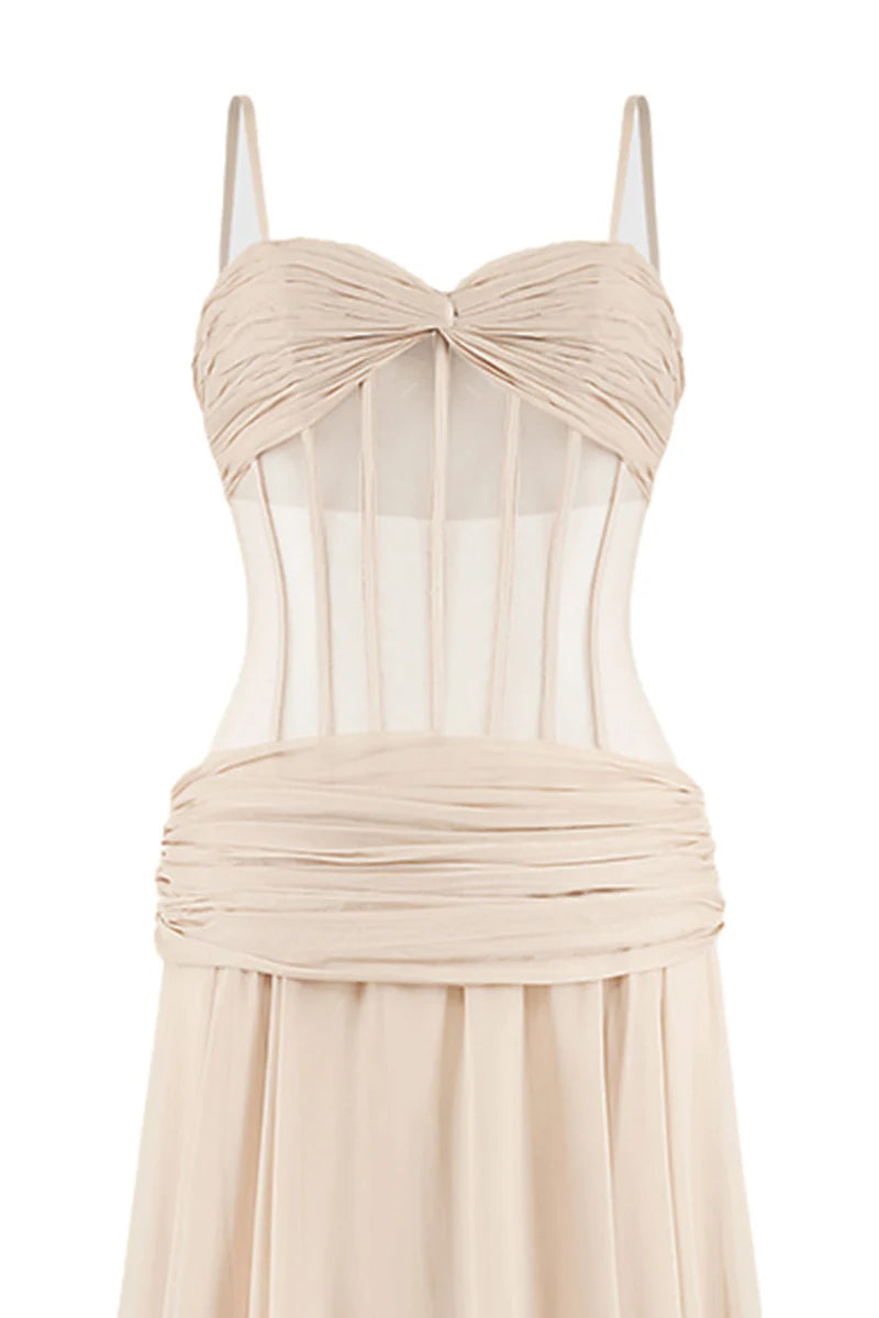 NUDE CORSET CHIFFON EXTRA LONG GOWN - CULT MIA