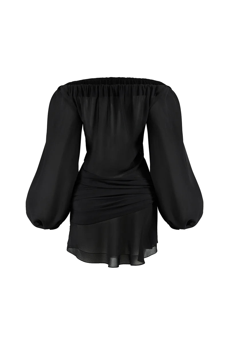 PUFFY SLEEVED CHIFFON MINI BLACK DRESS - CULT MIA