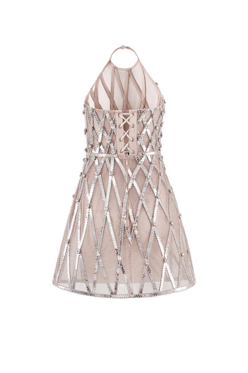 CREAM SHEER EMBELLISHMENT HALTER NECK MESH MINI DRESS - CULT MIA