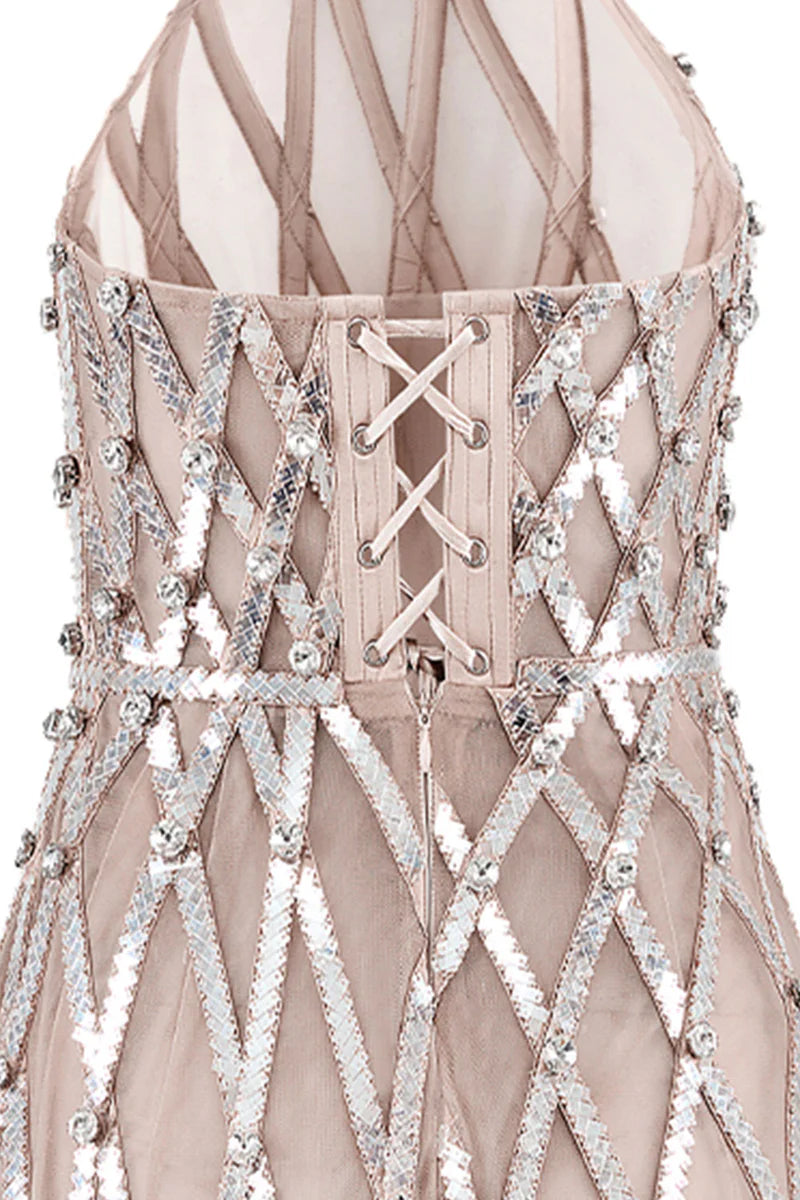 CREAM SHEER EMBELLISHMENT HALTER NECK MESH MINI DRESS - CULT MIA