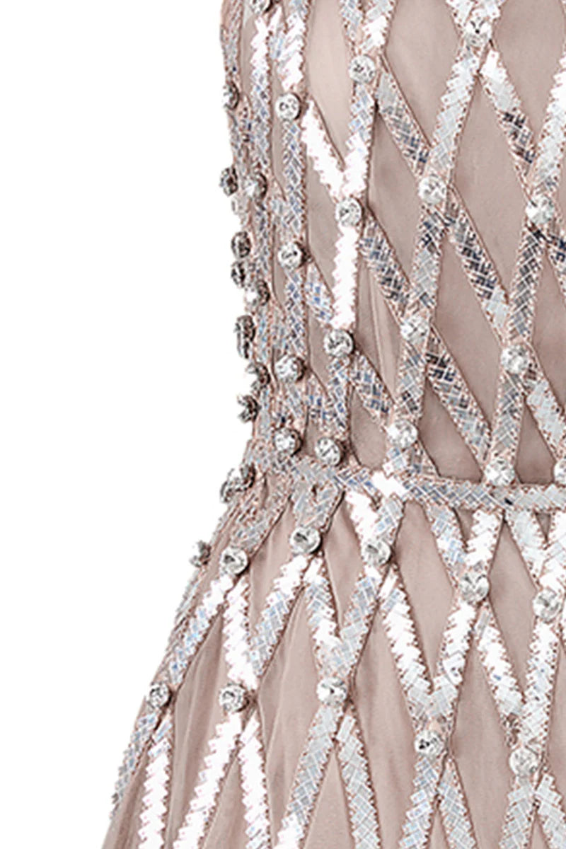 CREAM SHEER EMBELLISHMENT HALTER NECK MESH MINI DRESS - CULT MIA