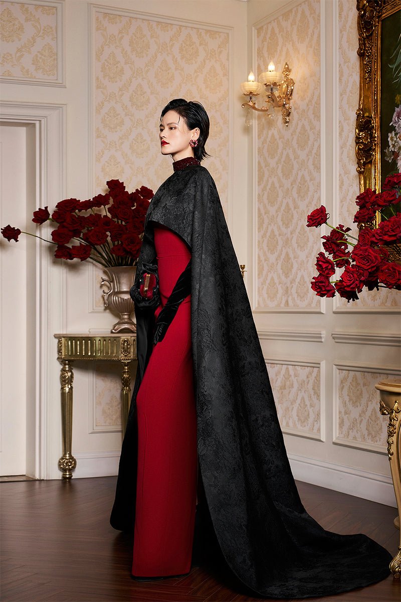 ROUND NECKLINE SLEEVELESS GOWN WITH ROSE JACQUARD LONG CAPE - CULT MIA