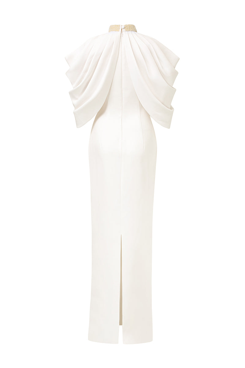 WHITE BOTTLE NECKLINE DRAPED SHOULDER GOWN - CULT MIA