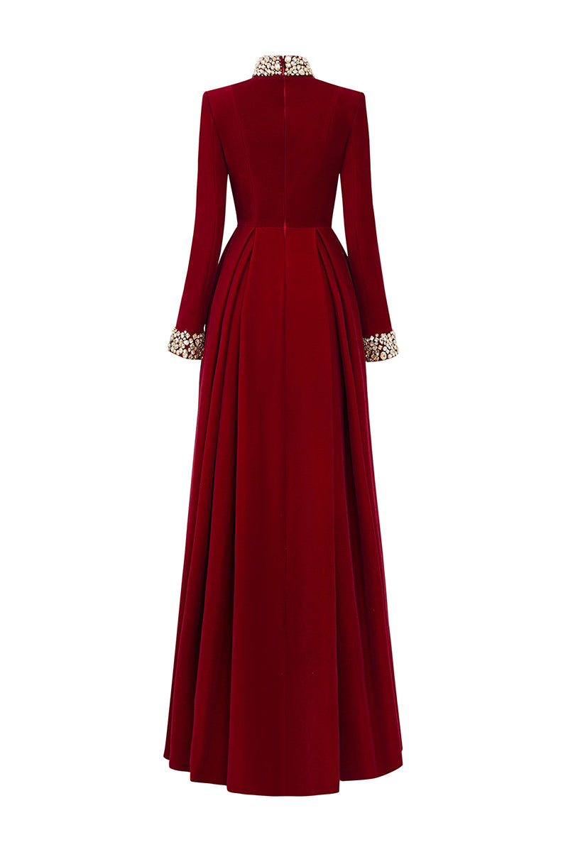 TURTLENECK COLLAR PLEATED WAIST VELVET GOWN - CULT MIA