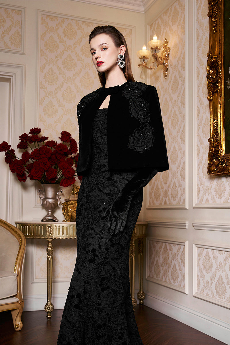 BLACK PRINCESS LINE STRAPLESS BLACK DRESS WITH CAPE - CULT MIA