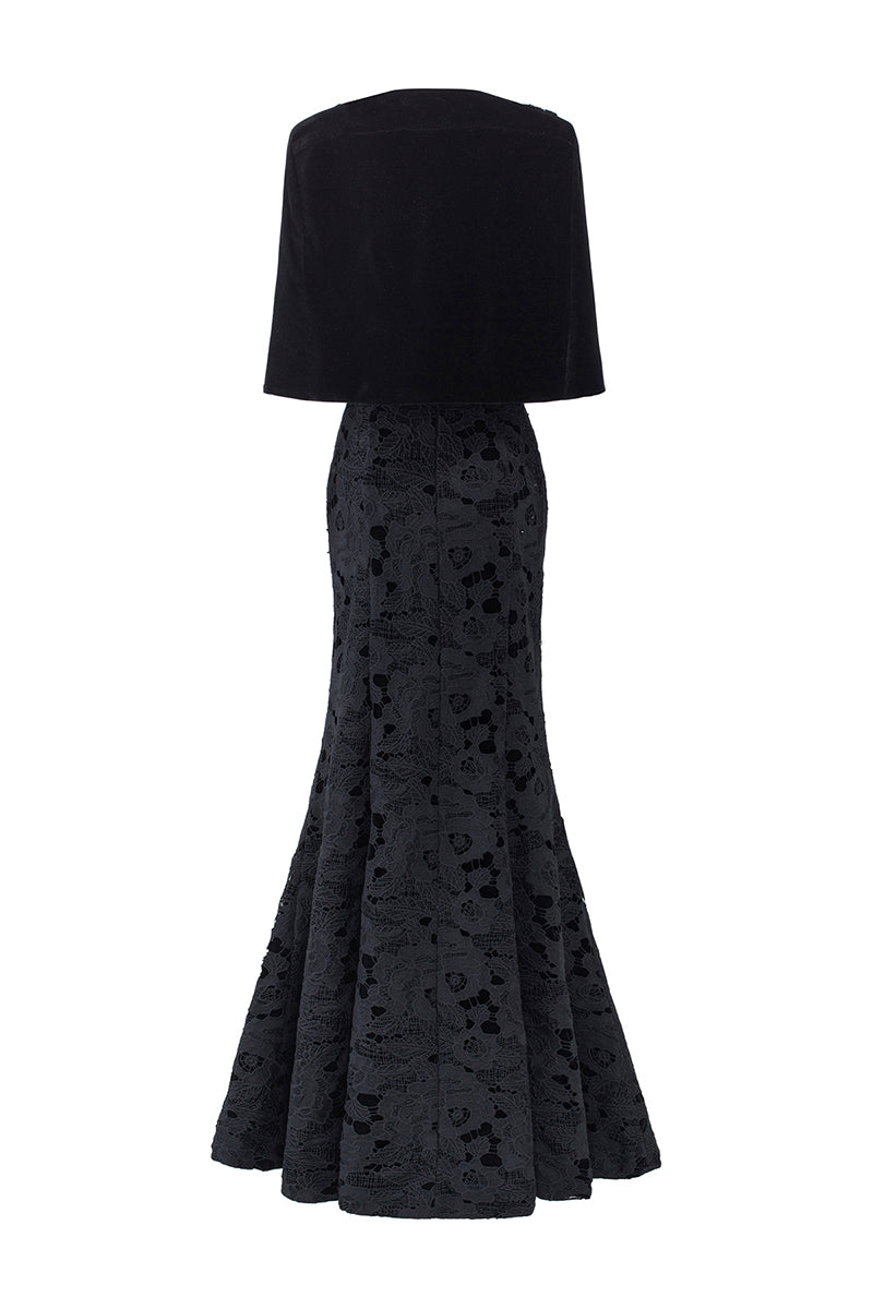 BLACK PRINCESS LINE STRAPLESS BLACK DRESS WITH CAPE - CULT MIA