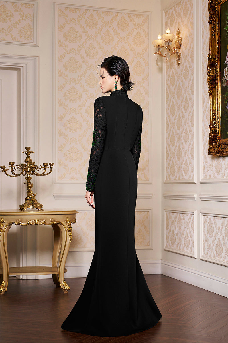 BLACK DRAPED NECK MERMAID GOWN IN LACE AND VELVET CREPE - CULT MIA