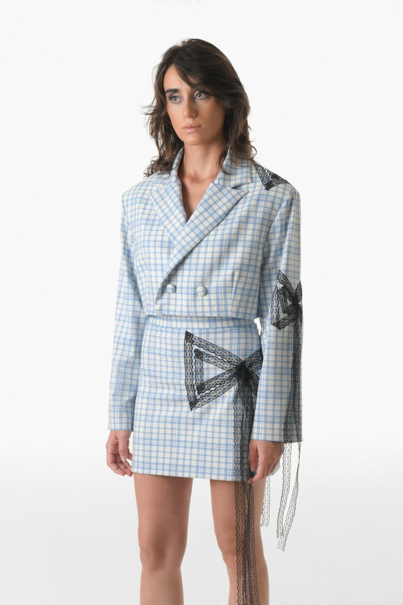DOUBLE BREAST CROPPED BLAZER WITH BOW TIE IN BLUE AND BLACK - CULT MIA