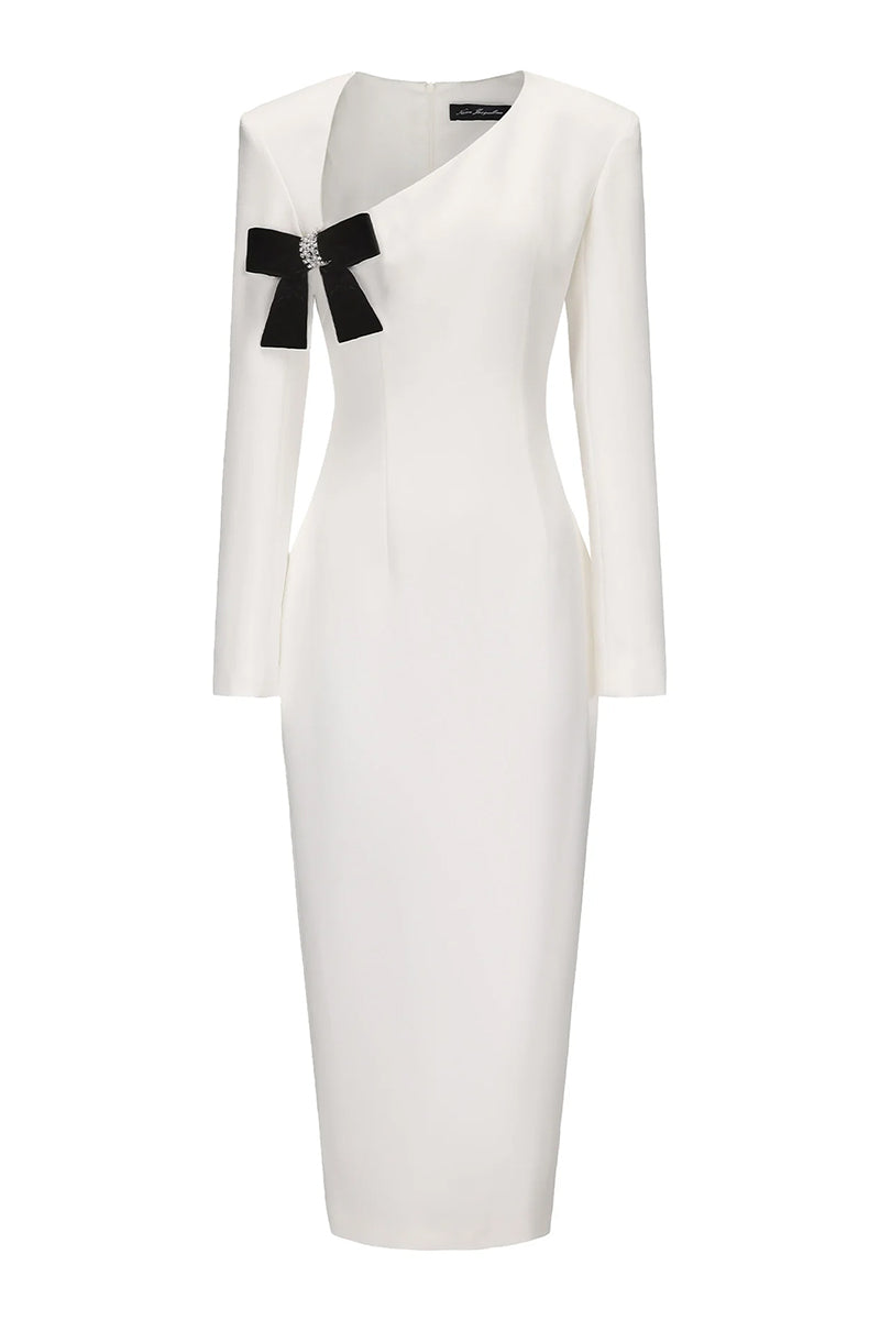 white bow long sleeve sheath midi dress Cream White Bow Long Sleeve Sheath Midi Dress