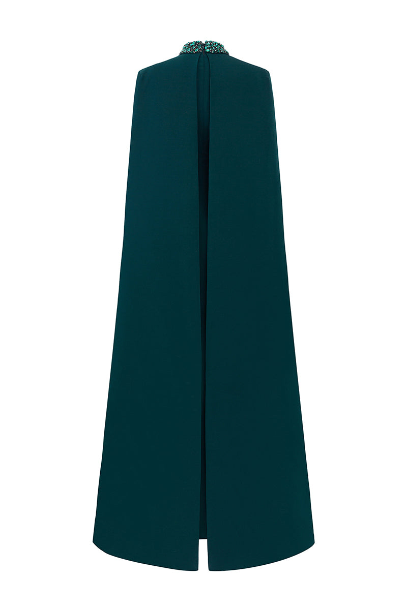 DARK GREEN HIGH-NECK GOWN WITH PLEATED LONG CAPE - CULT MIA