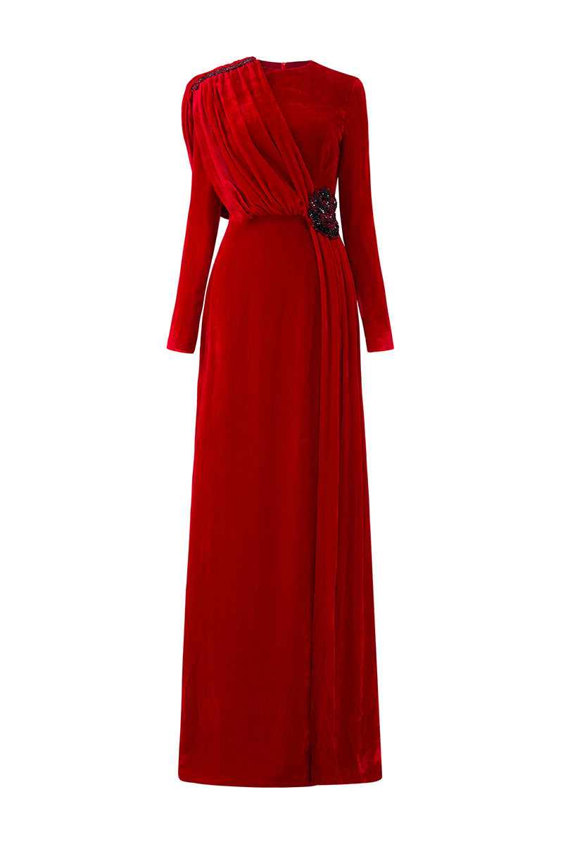 RED ROUND NECKLINE DRAPED VELVET GOWN WITH BLACK LACE - CULT MIA
