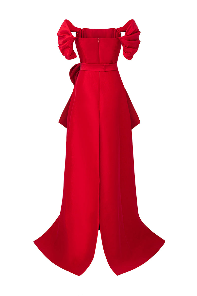 RED BUSTIER DRESS WITH OFF-SHOULDER SLEEVES - CULT MIA