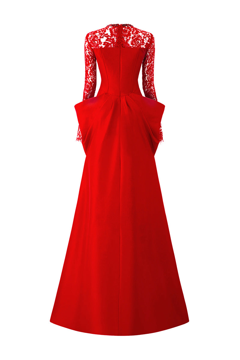 RED LONG SLEEVES WITH DRAPED WAIST GOWN - CULT MIA