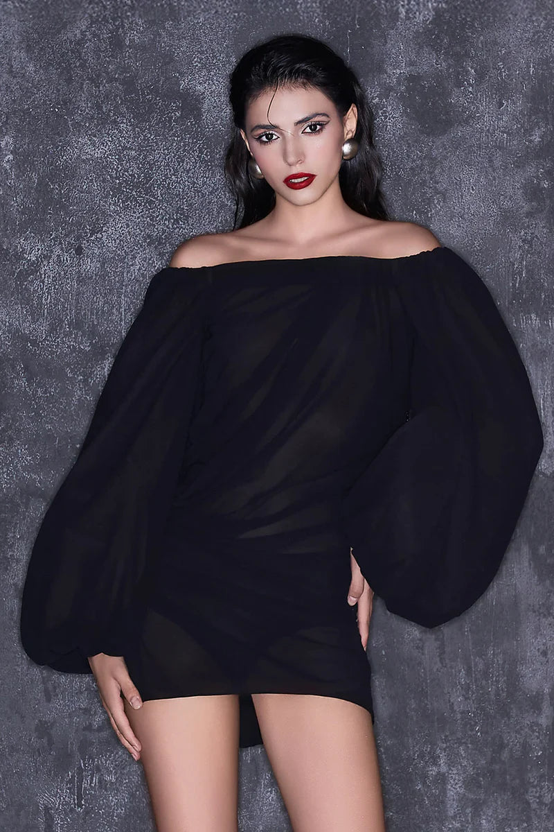 PUFFY SLEEVED CHIFFON MINI BLACK DRESS - CULT MIA