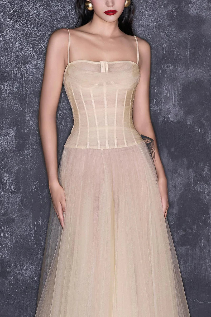 NUDE SHEER CORSET STRAP MESH FLOOR LENGTH GOWN - CULT MIA