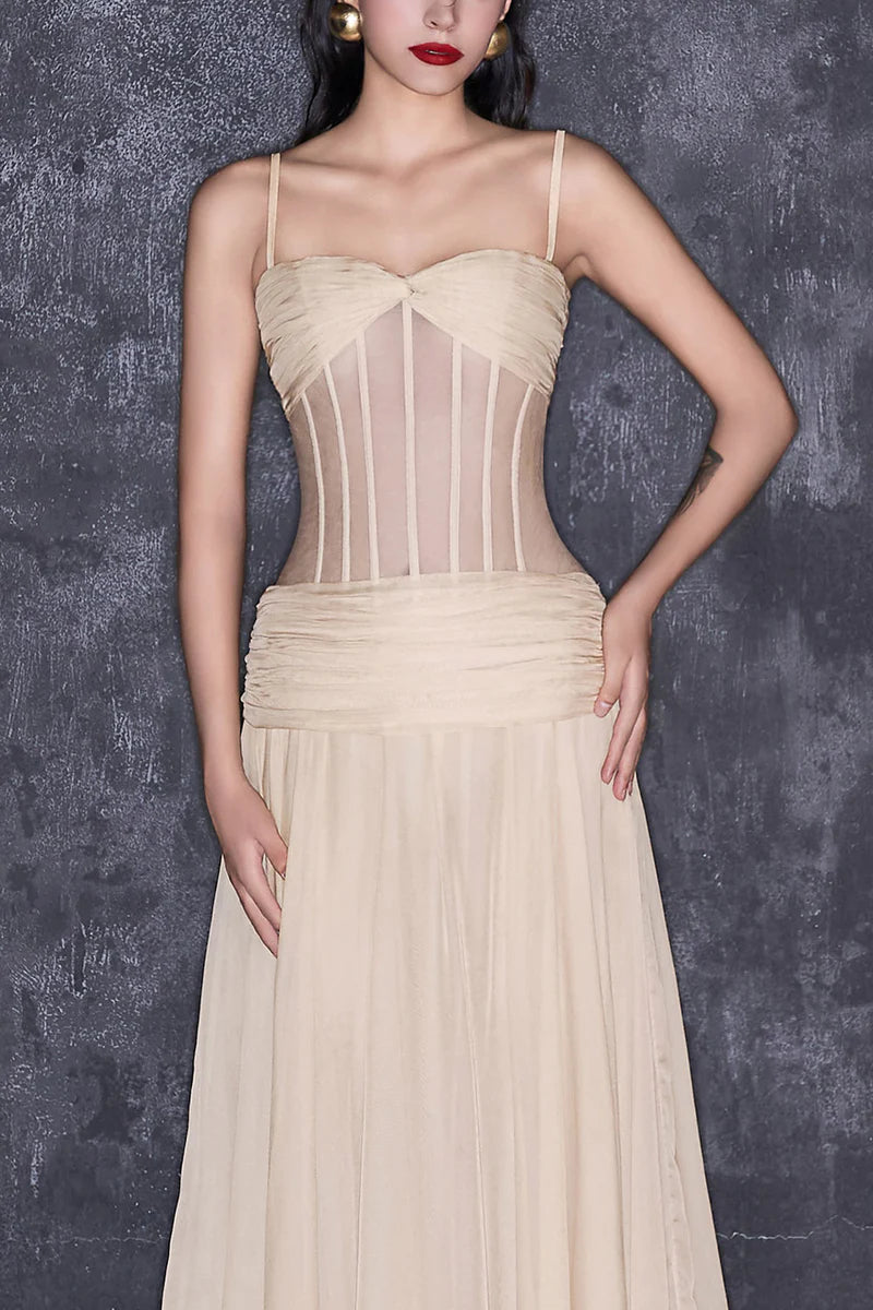 NUDE CORSET CHIFFON EXTRA LONG GOWN - CULT MIA