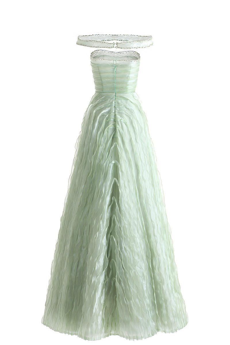 LIGHT MINT OFF SHOULDER ORGANZA MAXI DRESS - CULT MIA