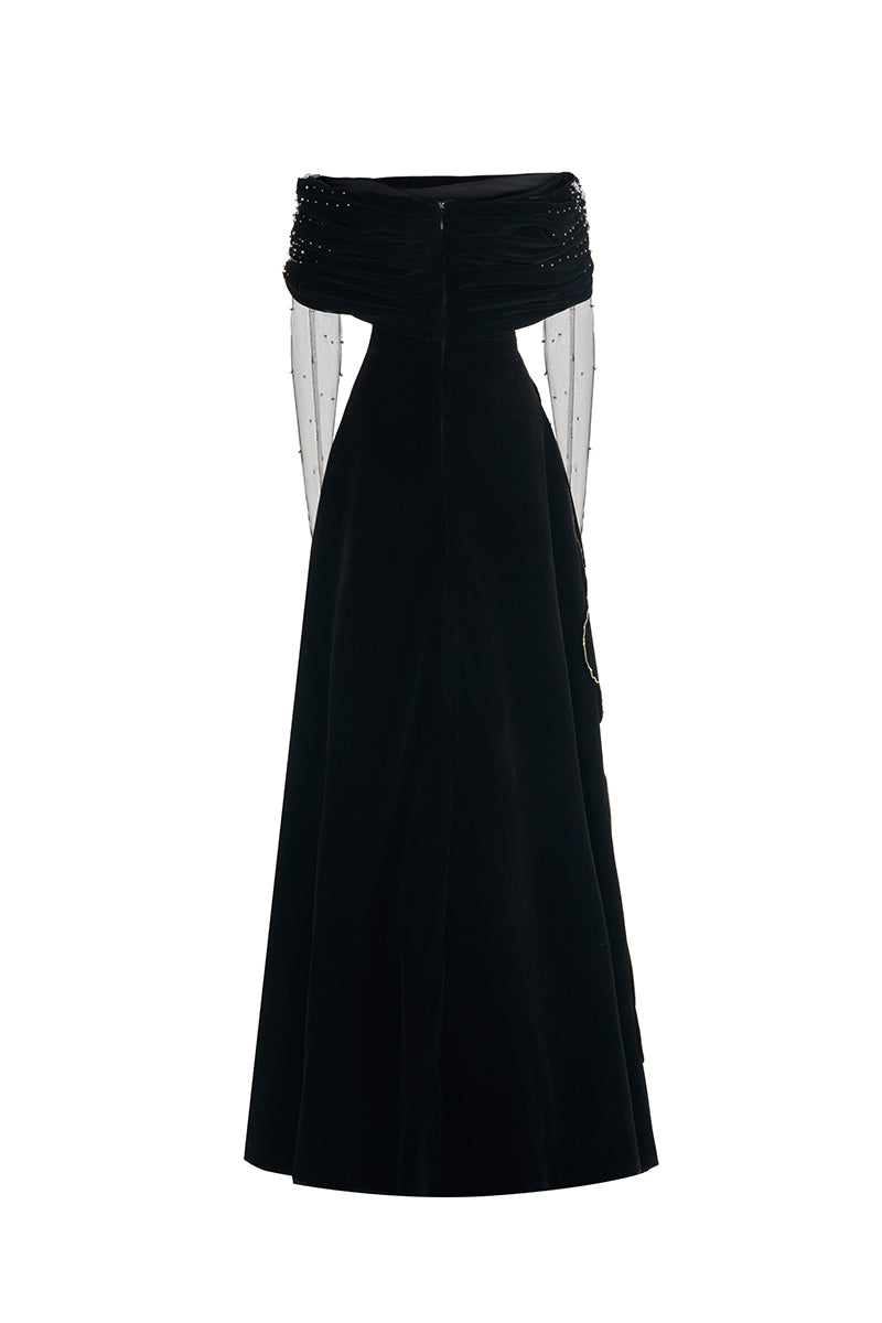 OFF-SHOULDER VELVET MAXI DRESS WITH FLORAL DETAILS - CULT MIA