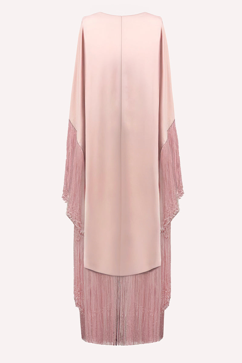 KAFTAN WITH FRINGE DETAIL AND CRYSTAL BUTTONS IN MISTY ROSE - CULT MIA