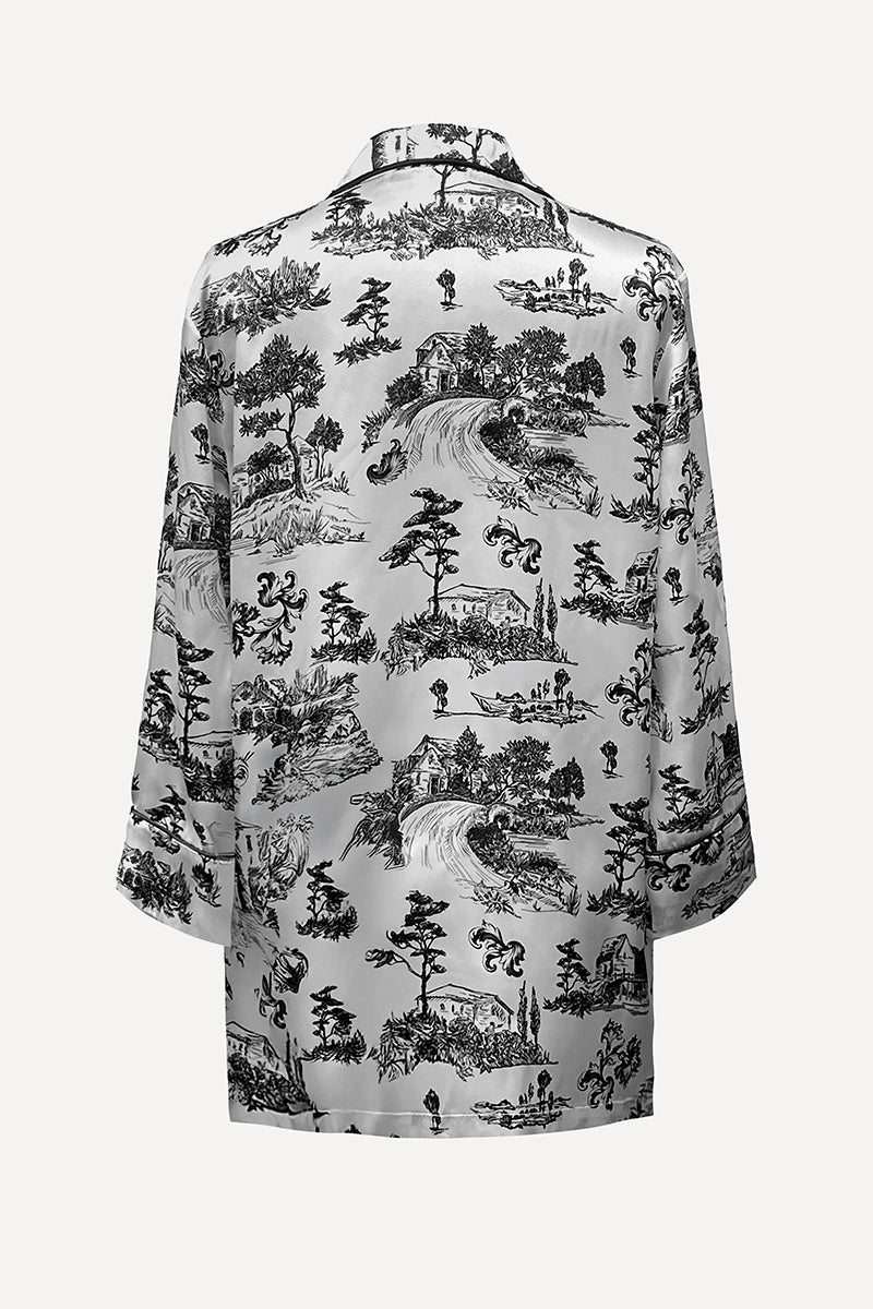 PRINTED SILK PAJAMA TOP WITH CRYSTAL TRIM DETAIL IN INK PRINT - CULT MIA