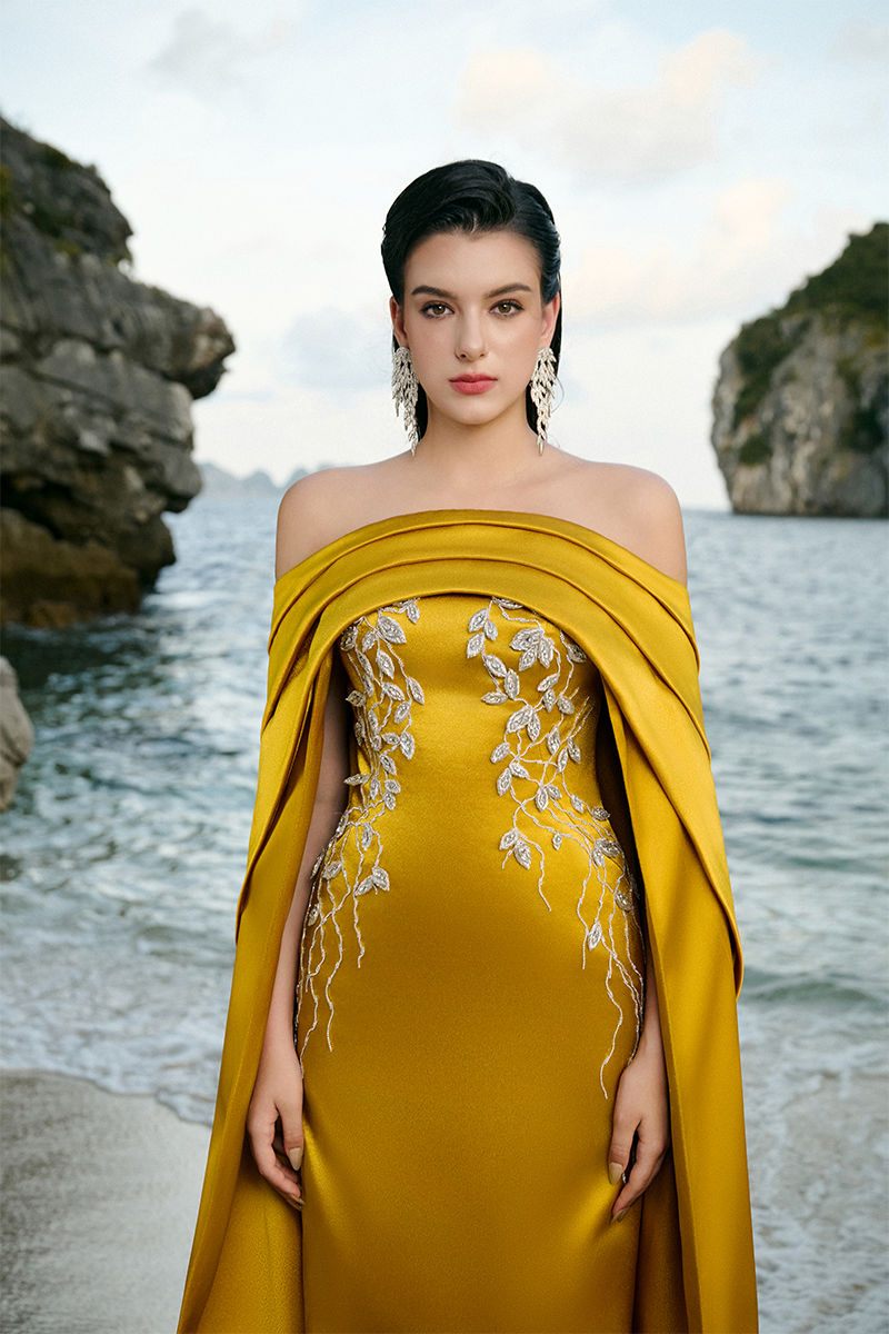 CURVED DRAPED OFF SHOULDER WITH LONG SLEEVE CAPE DRESS - CULT MIA