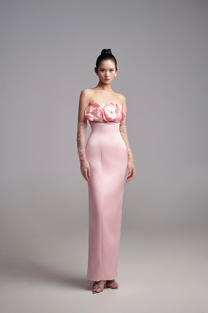 STRAPLESS PETAL MAXI DRESS WITH GLOVES - CULT MIA