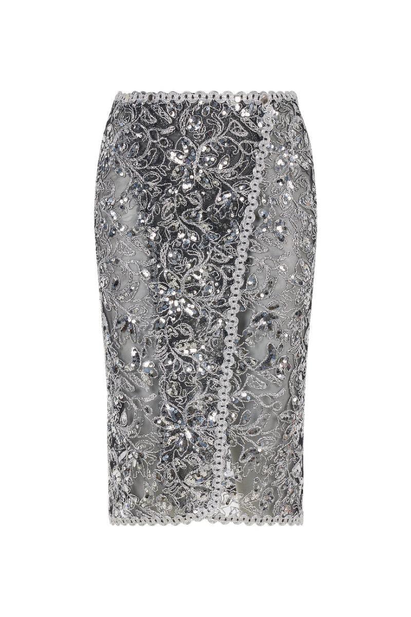 SILVER EMBROIDERED MIDI SKIRT - CULT MIA
