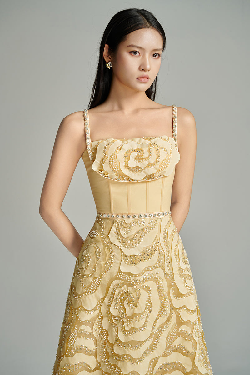 CULT MIA X HAPPY CLOTHING FLOWER WAVE A LINE MAXI DRESS IN BEIGE - CULT MIA