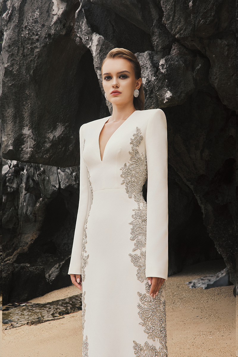 V-NECK SYMMETRIC SIDED CRYSTAL EMBELLISHED DRESS - CULT MIA