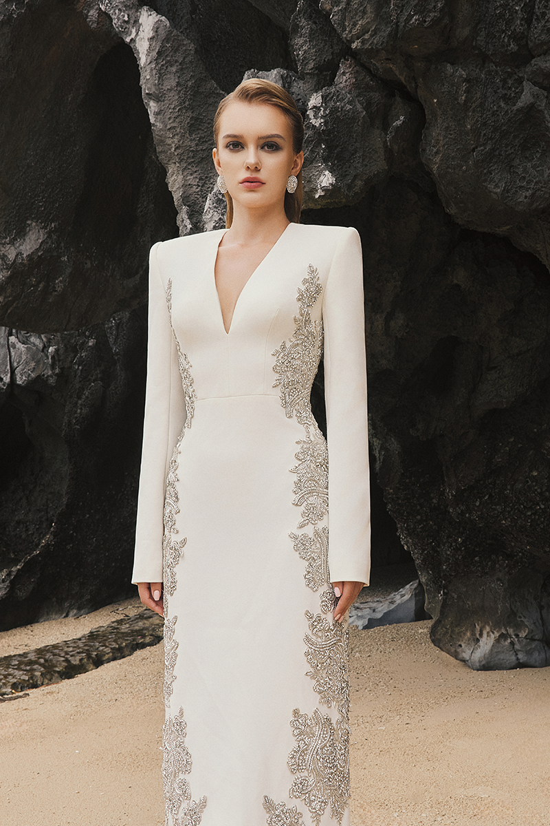V-NECK SYMMETRIC SIDED CRYSTAL EMBELLISHED DRESS - CULT MIA
