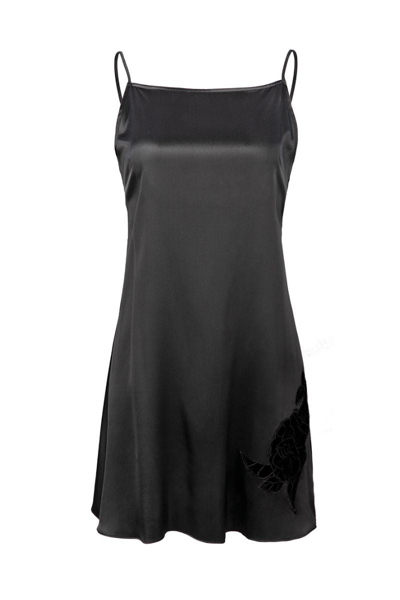 CAMELLIA SILK SLIP SHORT DRESS IN BLACK - CULT MIA