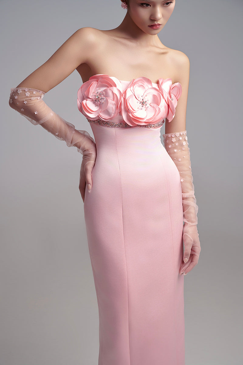 STRAPLESS PETAL MAXI DRESS WITH GLOVES - CULT MIA