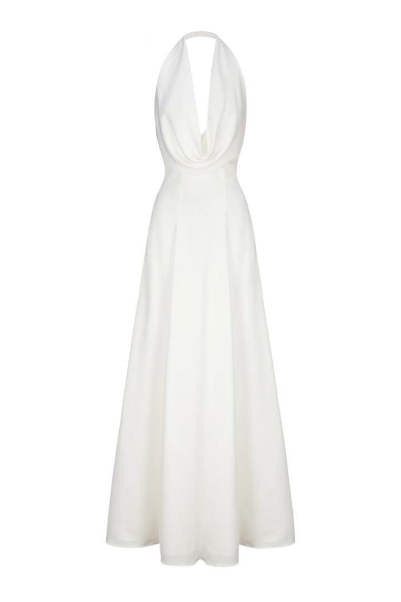 ANIYA WHITE SATIN V-NECK GOWN - CULT MIA