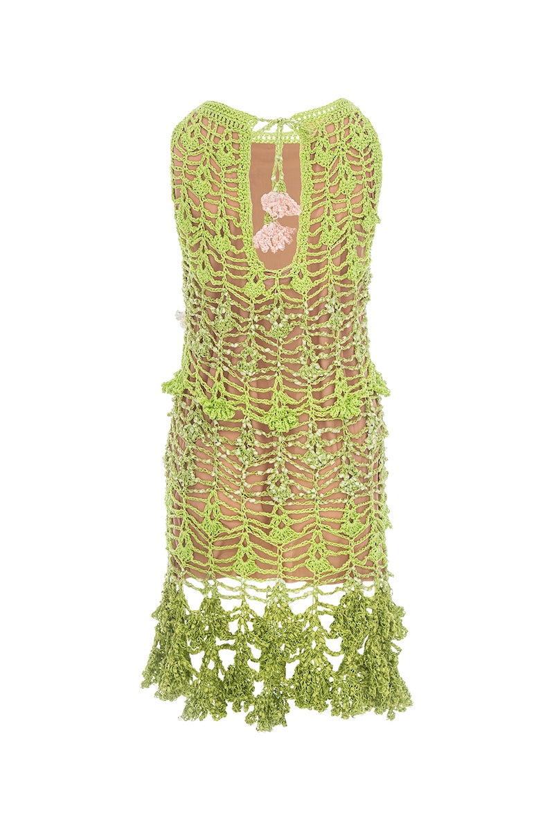 CHRYSANTHEMUM MINI GREEN HANDMADE CROCHET DRESS - CULT MIA