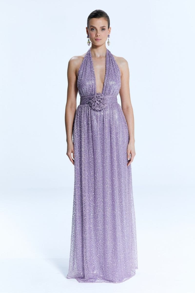 VILLA D'ESTE PURPLE V-NECK GOWN - CULT MIA