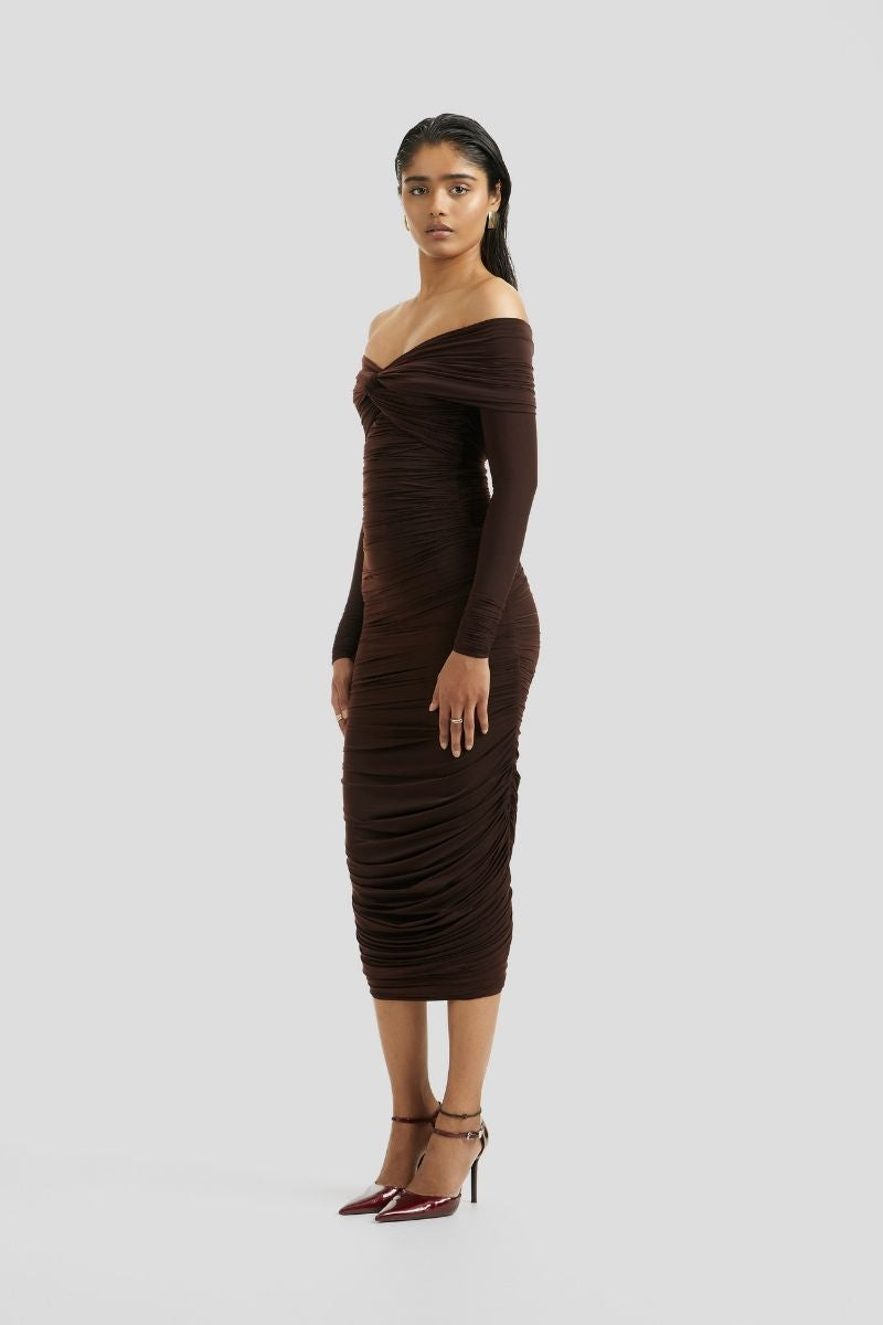 ESME MIDI DRESS IN CHOCOLATE BROWN - CULT MIA
