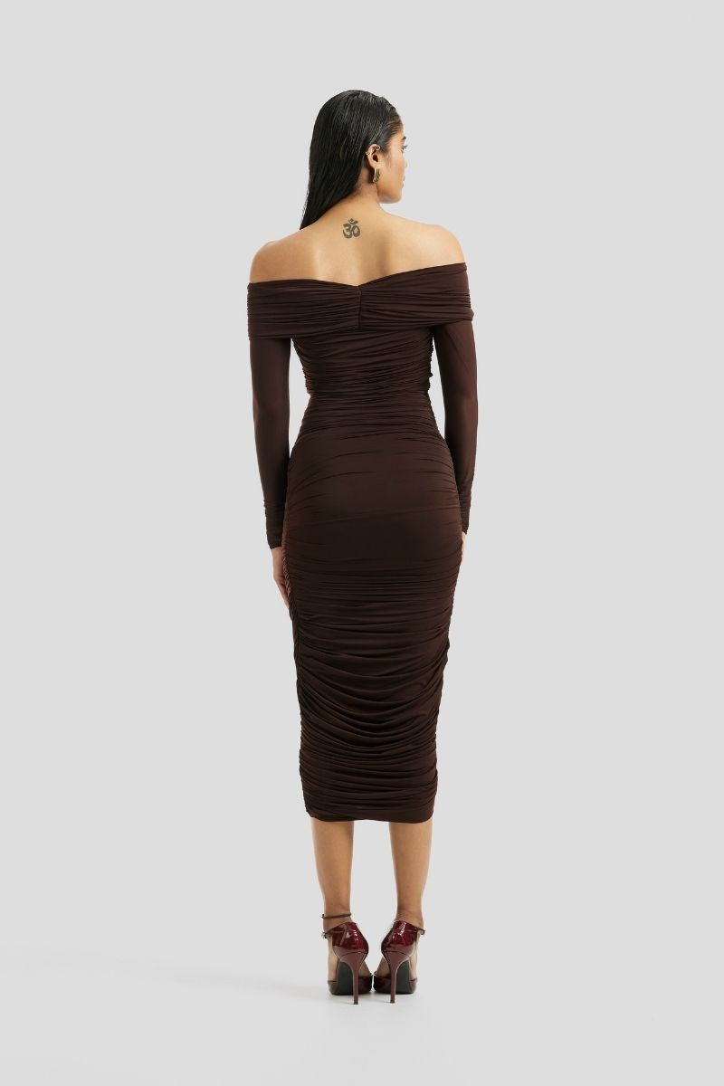 ESME MIDI DRESS IN CHOCOLATE BROWN - CULT MIA