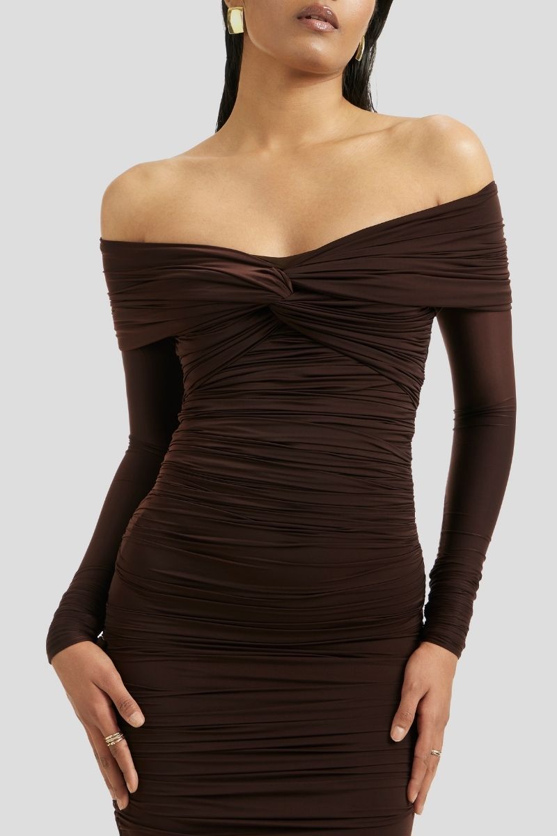 ESME MIDI DRESS IN CHOCOLATE BROWN - CULT MIA