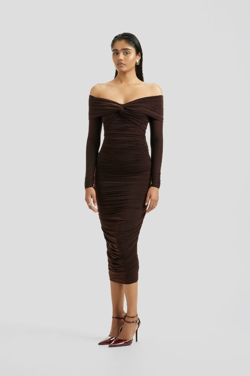ESME MIDI DRESS IN CHOCOLATE BROWN - CULT MIA