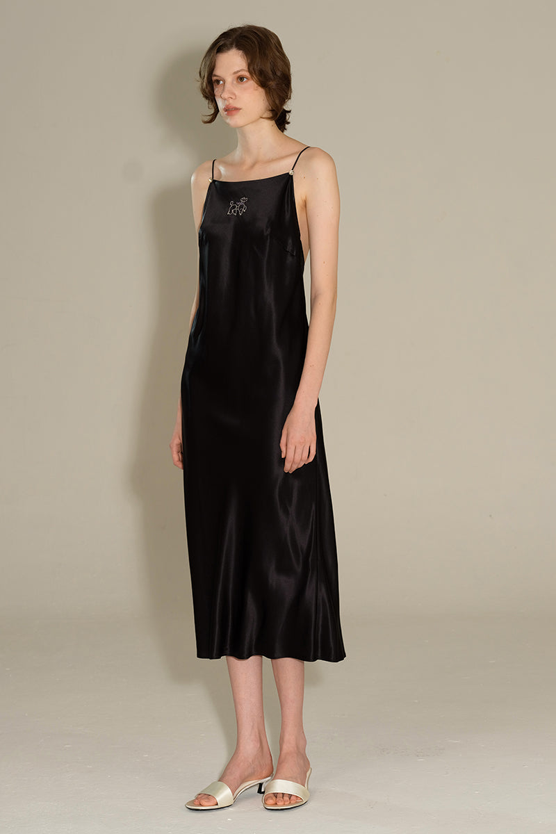 DIAMOND POODLES BLACK SILK SLIP DRESS - CULT MIA