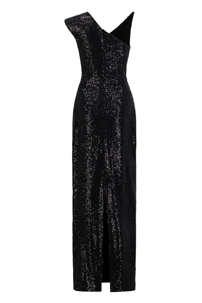 ASYMMETRIC SEQUIN GOWN IN BLACK SPARKLE - CULT MIA